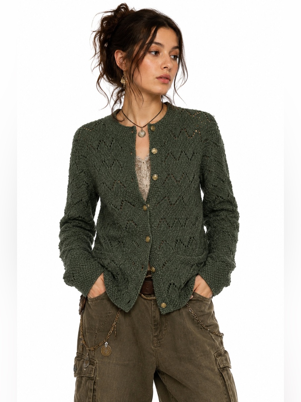 Goblincore Forest Green Wool Cardigan Chevron Earthy Boho Natural Cottagecore